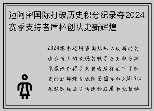 迈阿密国际打破历史积分纪录夺2024赛季支持者盾杯创队史新辉煌 迈阿密国际打破历史积分纪录夺2024赛季支持者盾杯创队史新辉煌
